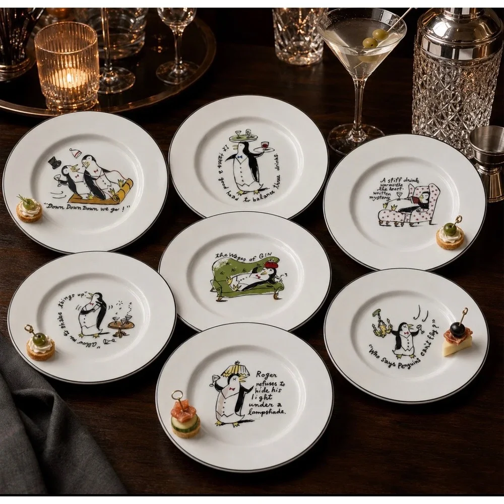 Vintage Pottery Barn Tipsy Penguins Plates Set of 7 Cocktail Dessert Japan